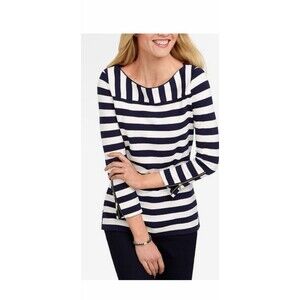 TALBOTS WOMEN'S Sz 2X NAVY BLUE WHITE MIXED STRIPE 3/4 SLEEVE TOP PLUS STRETCH